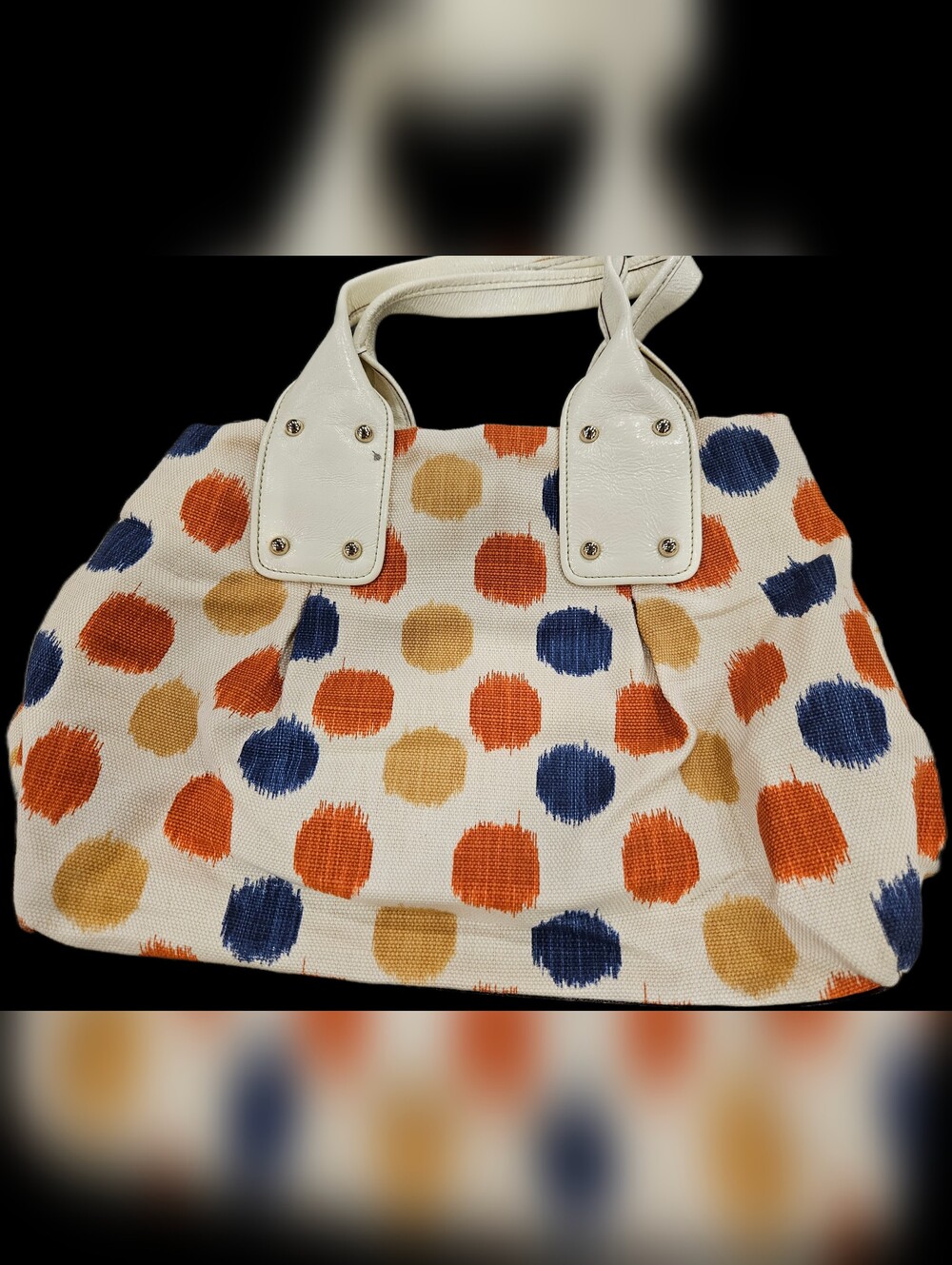 kate spade White Canvas Tote with Orange, Navy & Mustard Polka Dots